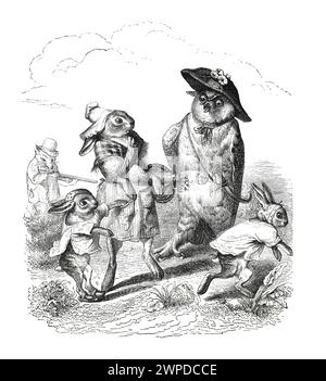 Anthropomorphe Tiere. Eule verkleidet als Pirate. Humanisierte Cyborg-Tiere. CRISPR. FALL 9. Außerirdische. Handgezeichnete Vintage-Illustration. Cartoon und Humor. Stockfoto