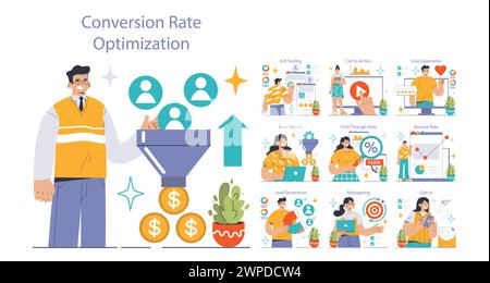 Optimierungsset für Umrechnungskurs. Experten, die Website-Performance analysieren. A B-Tests, Verkaufstrichter, Lead-Generierung. Strategien zur Benutzerbindung. Illustration des flachen Vektors Stock Vektor
