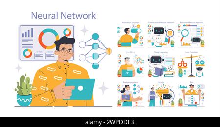 Neuronales Netzwerk eingestellt. Tauchen Sie ein in maschinelles Lernen, und erkunden Sie die wichtigsten Konzepte. Konvolutionelle, wiederkehrende Netzwerke, tiefgreifende Erkenntnisse. Verlustfunktion, Vorspannung, Epochen. Vektorabbildung Stock Vektor