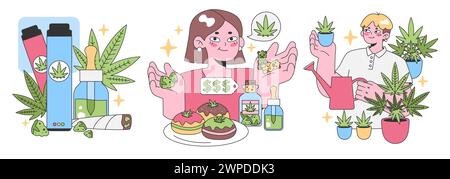 Cannabis Lifestyle Set. Charaktere mögen Cannabisprodukte. Dampfen, Essbares, Tinkturen und Pflanzen. Trendige Wellness-Angebote. Unterhaltsame Cannabisforschung. Illustration des flachen Vektors Stock Vektor