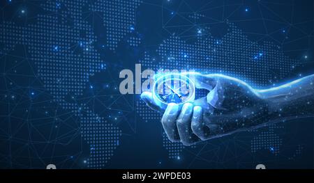 Kompass in der Hand und Karte. Globale Geschäftsstrategie Stock Vektor