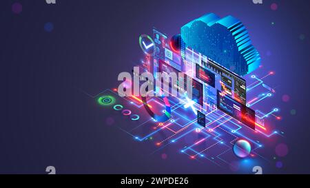 Isometrisches Cloud Computing-Konzept. Cloud-Speicher in der Softwareentwicklung. Digitale Internettechnologie. Remote-Administration der Datenbank. Cloud-Technologie Stock Vektor