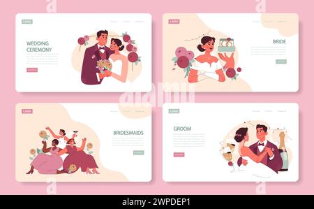 Set zum Hochzeitstag. Frisch vermähltes Paar verliebt, fröhliche Braut mit Kuchen, Brautjungfern feiern, Bräutigam zärtlichen Moment. Freudige Erinnerungen. Hochzeitsglück. Illustration des flachen Vektors. Stock Vektor