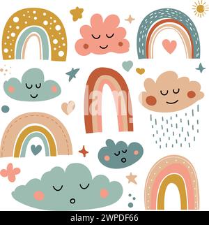 Regenbogen, Sterne, Sonne, eine Reihe von Vektorhandgezeichneter Illustration mit Boho-Stil. regenbogenset. Skandinavischer Stil. Kindergartenkinder schlafende Wolken Stock Vektor