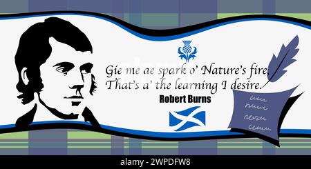 Robert Burns – schottischer Dichter, Folklorist, Autor zahlreicher Gedichte und Gedichte. Robert Burns berühmte Zitate. Vektorabbildung. Stock Vektor