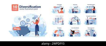 Diversifizierungssatz. Investoren erkunden Wege wie Rohstoffe, Immobilien, Anleihen und geografische Regionen. Unternehmensinvestitionen, Korrelationsstrategien, Sektorexploration und Risikomanagement. Stock Vektor