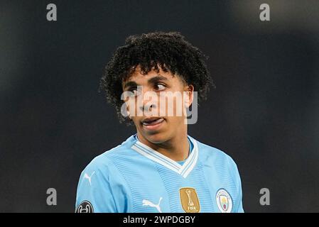 Etihad Stadium, Manchester, Großbritannien. März 2024. Rico Lewis (Manchester City) spielt im Achtelfinale der Champions League, Manchester City gegen den FC Kopenhagen, im Etihad Stadium in Manchester, England. Kim Price/CSM/Alamy Live News Stockfoto