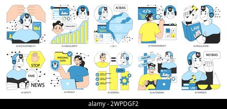 KI-Ethik festgelegt. Ausrichtung und Regulierung künstlicher Intelligenz. Rechenschaftspflicht, Singularität und Autonomie, Vorurteile, Transparenz, Sicherheit und Privatsphäre. Illustration des flachen Vektors. Stock Vektor