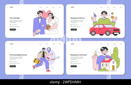 Webbanner oder Landing-Page-Set für die Jahre der Jugend und des Erwachsenenalters. Meilensteine im Leben. Junge männliche Figur wird alt und sammelt neue Erfahrungen. Illustration des flachen Vektors Stock Vektor