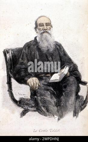 Porträt des russischen Schriftstellers Leon Tolstoi (Tolstoi oder Lew Tolstoj) 1909 - (1828-1910) Stich 1888. Stockfoto