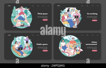 Dritter Platz Web-Banner oder Landing-Page-Set im Nacht- oder Dunkelmodus. Geselliges Umfeld. Community Life Building, People Interaction und Kommunikationszone. Illustration des flachen Vektors Stock Vektor