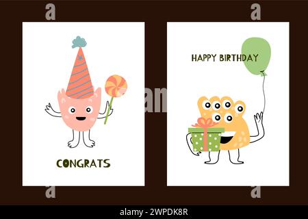Set mit Poster zum Geburtstag mit niedlichen Monstern. Vektor-Illustration kann für Banner, Baby Geburtstag Hintergrund, Grußkarte, Poster für i verwendet werden Stock Vektor