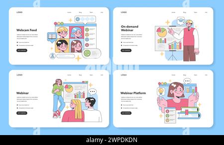 Webinar-Themes festgelegt. Virtuelle Meeting-Plattformen, interaktive Online-Schulungen, verschiedene Teilnehmer. Webcam-Live-Feed, On-Demand-Sitzungen, Einblicke in Präsentatoren und interaktive Publikumsinteraktion. Stock Vektor