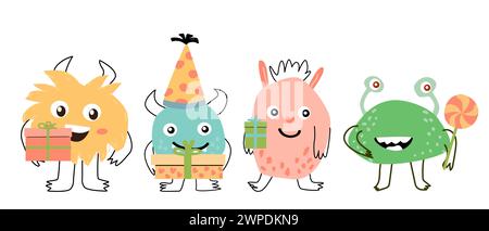 Niedliche Monster mit Geschenkbox - für Weihnachtsbanner. Vektor-Illustration kann für Banner, Baby Geburtstag Hintergrund, Grußkarte, Poster verwendet werden. Stock Vektor
