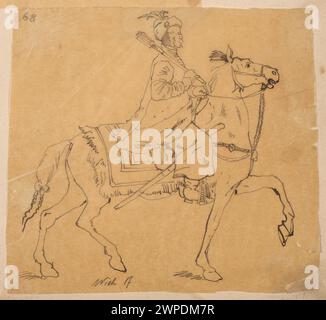Gemälde von 1870 von Czachórski nach Stefano della Bella, das einen polnischen Reiter aus dem 17. Jahrhundert zeigt, der mit einem Buzdygan bewaffnet ist, in Bewegung in historischer Rüstung und traditioneller Reitkleidung dargestellt wird. Stockfoto