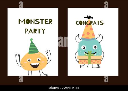 Set mit Postern oder Karten mit niedlichen Monstern für Partys. Vektor-Illustration kann für Banner, Baby Geburtstag Hintergrund, Grußkarte verwendet werden. Stock Vektor