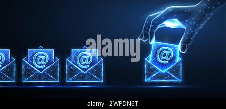 Digitale Hand legt Briefe in die Umschläge. AI-Mailing, E-Mail-Symbol, Posteingangslogo, Umschlagsymbol Stock Vektor