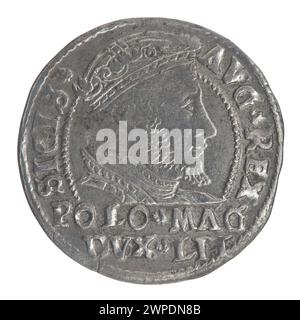 Münze mit dem Namen Litauischer Penny, die 1546 während der Regierungszeit Zygmunts II. August geprägt wurde, mit Vorder- und Umkehrmustern, die in Polen und Litauen als Währung verwendet wurden. Stockfoto