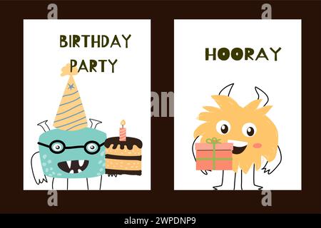 Set mit Postern mit niedlichen Monstern für Partys. Vektor-Illustration kann für Banner, Baby Geburtstag Hintergrund, Grußkarte, Poster für Innenraum verwendet werden. Stock Vektor