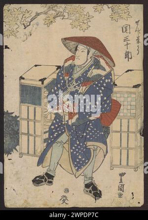 Darstellung des Schauspielers Seki Sanjūrō II., der einen Teehändler (Senjicha uri) im traditionellen japanischen Theater darstellt, illustriert Kabuki-Aufführung und -Kostüm aus der Edo-Zeit. Stockfoto