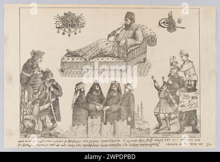 Poster um 1908, das Vertreter der europäischen Presse und Geistlichkeit verschiedener Religionen darstellt, als gelegentlicher Druck mit islamischen und türkischen künstlerischen Einflüssen. Stockfoto