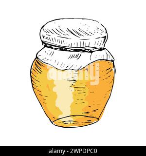 Honig im Glas handgezeichnete Zeichnung in Farbe. Vektorillustration kann zum Einpacken von Papier, Etiketten, Poster, Karten verwendet werden. Gravur oder Tintenvektor-Honigillustrat Stock Vektor