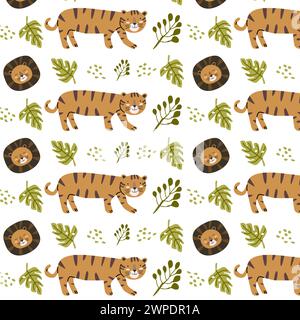 Nahtloses Muster mit niedlichen wilden afrikanischen Tieren und kindlichen Köpfen. Vektor-Illustration Tiger und Löwe. Kann für Textilien, Stoffdesign, Poster, W Stock Vektor