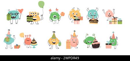 Niedliches Monster für Jubiläumsfeiertage - großes Set. Vektor-Illustration kann für Banner, Baby Geburtstag Hintergrund, Grußkarte, Poster für verwendet werden Stock Vektor