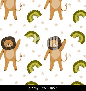 cute wild tropical animal lion with rainbow childish seamless pattern. Vector illustration with lion wild jungle animal and rainbow, stars. Stock Vektor