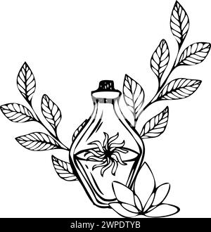 Komposition aus einer Flasche mit einem Trank mit Blättern und einer Lotusblume. Schwarze Umrissvektorillustration von isolierten Objekten. Kunst für Drucke, Karten Stock Vektor