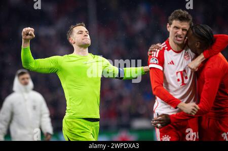 München Deutschland. März 2024. Schlussjubel: Torwart Manuel neuer (München), Thomas Müller (München), Mathys Tel (München) FC Bayern München – La Stockfoto