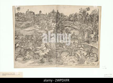 Eine Darstellung einer Hirschjagd von Lucas Cranach dem Älteren aus den Jahren 1504 bis 1508, die deutsche Jagdszenen aus der Renaissance des frühen 16. Jahrhunderts illustriert. Stockfoto