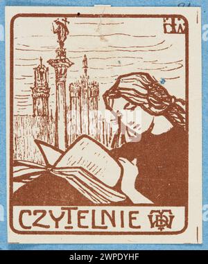 Ein Falldruck aus dem Jahr 1913-1921, der Frauen zeigt, die vor Zygmunts Säule ein Buch lesen, mit der Inschrift „TDW“ unter dem Bild. Stockfoto
