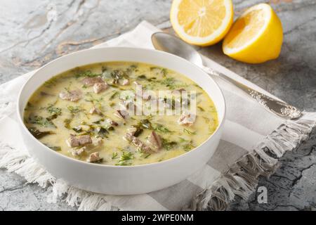 Magiritsa griechische Ostersuppe mit Lammdarm und Leber, Kräutern, mit Ei und Zitronensauce in einer Schüssel auf einem Marmortisch. Horizontal Stockfoto