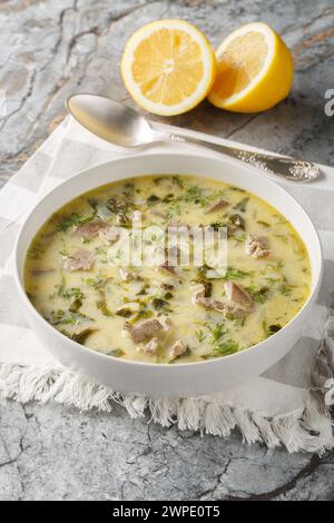 Klassische Magiritsa-Suppe mit Lammfleisch, Schlachtnebenerzeugnissen und Gemüse in einer Schüssel auf einem Marmortisch. Vertikal Stockfoto