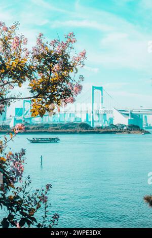 Brücke und Freiheitsstatue, die von Daiba Bay aus gesehen werden kann. Stockfoto