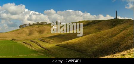 Das Cherhill White Horse wurde 1780 von Christopher Alsop geschnitten und wurde durch das Entfernen von Rasen geschaffen, um die darunter liegende Kreide freizulegen. Stockfoto