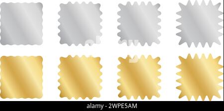 Set aus silbernen und goldenen quadratischen Aufklebern mit Wackelrand. Glänzende Etiketten, Abzeichen, Preisschilder, Coupons, Stempel wellige Formen isoliert auf weißem Hintergrund. Vektorabbildung. Stock Vektor