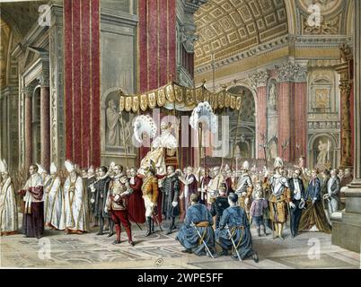 Papst Pius IX. (1792-1846) nimmt an der Eröffnungszeremonie am 12/1869 des Ersten Vatikanischen Konzils in St. Petersdom. Er wird auf der Sedia G getragen Stockfoto