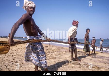 Sri Lanka, am Strand von Galle ziehen Männer Fischernetze aus dem Meer. Stockfoto