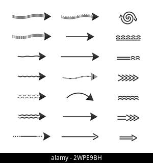 Pfeile Bewegungsrichtung, ein Satz schwarzer Pfeile verschiedener Formen gepunktete gedrehte Zeiger-Orientierungspunkte. Vektorelemente isolieren Stock Vektor