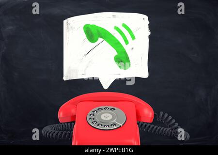 Altmodisches Telefon mit Anrufsymbol auf der Tafel Stockfoto