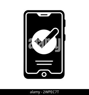 Telefonsymbol. Schwarzes Smartphone-Symbol mit Häkchen. Genehmigtes Symbol. Stock Vektor