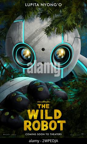 The Wild Robot (2024) von Chris Sanders mit Pedro Pascal, Stephanie Hsu und Lupita Nyong'o. in den Hauptrollen Nach einem Schiffswrack ist ein intelligenter Roboter namens Roz auf einer unbewohnten Insel gestrandet. Um die raue Umgebung zu überleben, verbindet sich Roz mit den Tieren der Insel und kümmert sich um eine verwaiste Gans. US-Poster mit einem Blatt ***NUR FÜR REDAKTIONELLE ZWECKE***. Quelle: BFA / Universal Pictures Stockfoto