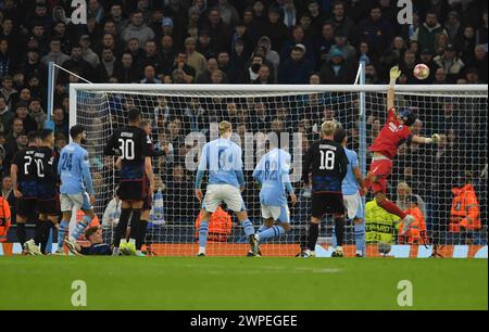 Manchester, Großbritannien. März 2024. MANCHESTER, ENGLAND, 06. März 2024; Kevin Diks, Mohamed Elyounoussi, Joško Gvardiol, Elias Achouri, Erling Haaland, Rico Lewis, Orri 'skarsson, Kamil Grabara in Aktion während des UEFA Champions League Fußball-Spiels 2023 zwischen Manchester City und Kopenhagen, City of Manchester Stadium, 6. März 2024, Foto & Copyright Anthony STANLEY/ATP Images (STANLEY Anthony/ATP/SPP) Credit: SPP Sport Press Photo. /Alamy Live News Stockfoto