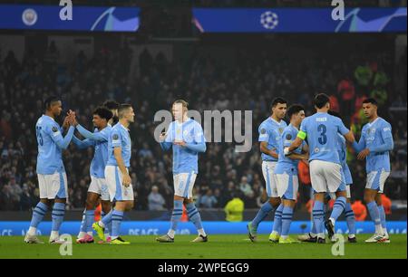 Manchester, Großbritannien. März 2024. MANCHESTER, ENGLAND, 06. März 2024; Rúben Dias, Mateo Kovacic, Erling Haaland, Rodri, Julian Alvarez, Joško Gvardiol, Manuel Akanji, Matheus Nunes, Oscar Bobb, Rico Lewis in Aktion während des UEFA Champions League-Fußballspiels 2023 zwischen Manchester City und Kopenhagen, City of Manchester Stadium, 6. März 2024, Foto & Copyright Anthony STANLEY/ATP Images (STANLEY Anthony/ATP/SPP) Credit: SPP Sport Press Photo. /Alamy Live News Stockfoto