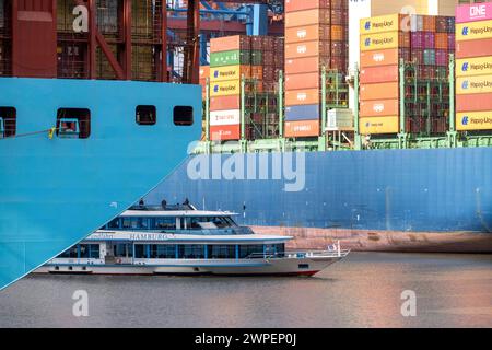 Hafenrundfahrt im Waltershofer Hafen, HHLA Containerterminal Burchardkai, HMM Nuri Containerfrachter, Containerschiff, Hamburg, Deutschland Containerschiff *** Hafenrundfahrt im Waltershofer Hafen, HHLA Containerterminal Burchardkai, HMM Nuri Containerfrachter, Containerschiff, Hamburg, Deutschland Containerschiff Stockfoto