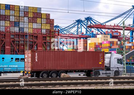 Hamburger Hafen, Waltershofer Hafen, Containerschiffe, LKW bringen und holen Frachtcontainer vom und zum HHLA Containerterminal Burchardkai, Hamburg, Deutschland Containertransport *** Hafen Hamburg, Waltershofer Hafen, Containerschiffe, LKW bringen und holen Frachtcontainer zum und vom HHLA Containerterminal Burchardkai, Hamburg, Deutschland Containertransport Stockfoto