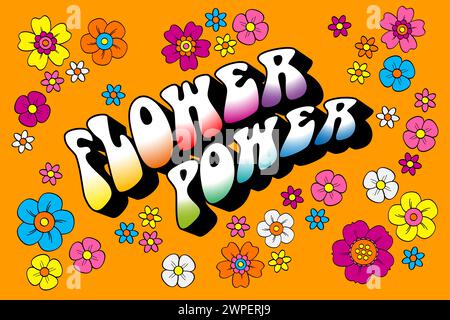 Flower Power-Schriftzug umgeben von zahlreichen farbenfrohen Hippie-Blumen auf orangefarbenem Hintergrund. Slogan und Symbol für passiven Widerstand und Gewaltlosigkeit. Stockfoto