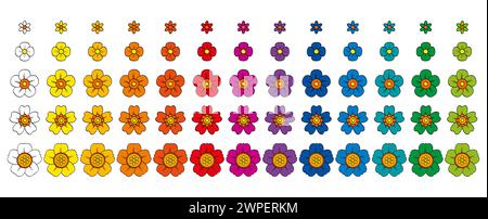 Fünf bunte Blumensätze, verschiedene Arten von Blüten, Pop Art farbig und in Reihen angeordnet. Gruppen von bunten Blumen. Stockfoto